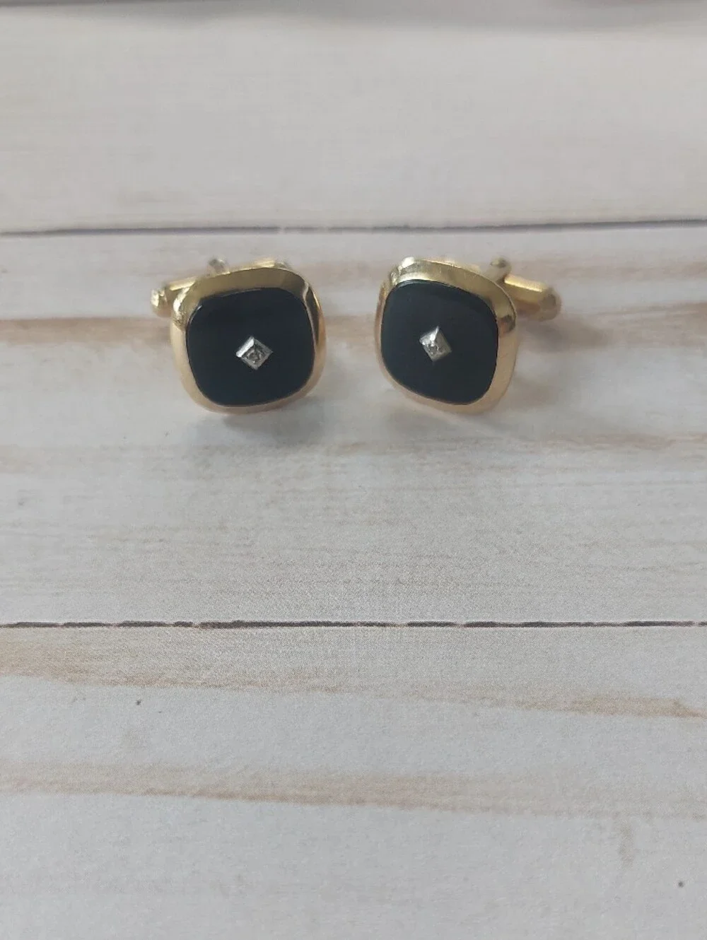 12K GF Black Onyx Square Cufflinks with Center Diamond Accent